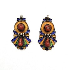 Lot de 2 pendentifs Kabyle en argent, émail et perles de corail véritable pour c