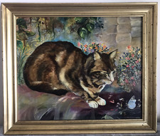 Tableau Peinture Originale Huile  M AUROUSSEAU Chat  Papillon Bleu Ciel XIXème