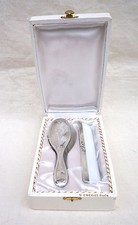 French Silverplate Baby Hair Set Brush Comb Christening Box Paris
