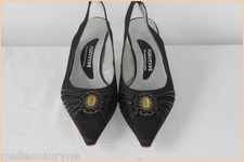 Escarpins Ouverts FUGITIVE Toile et Cuir Noir Bijou incrusté T 38 TTBE