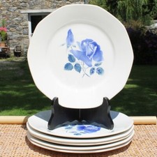Lot de 6 assiettes plates anciennes modèle rose bleue Digoin Sarreguemines