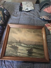 tableau tres ancien huile sur toile marine signé encadrement original