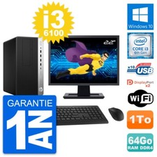 PC Tour HP 600 G3 MT Ecran 22" Core i3-6100 RAM 64Go Disque 1To Windows 10 Wifi