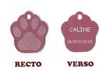 medaille gravee chien ou chat - modele petite patte de chat calinette - rose