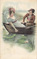 CP ILLUSTREE GAUFREE COUPLE ELEGANT CHAPEAU EN BARQUE - OMBRELLE NENUPHAR 28770