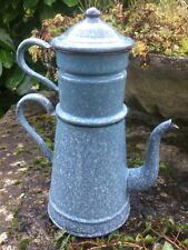 ANCIENNE CAFETIÈRE ÉMAILLÉE DOUBLE DÉCOR MOUCHETÉ BLEU ET BLANC AVEC FILTRE 1920