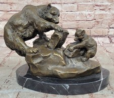 Mère Ours & Cub Artisanal Signée Bronze Métal Sculpture Statue Pays Solde