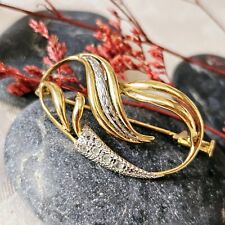 broche vintage Plaqué Or Jaune Et Blanc Zircons 40x22mm Fermoir Piston