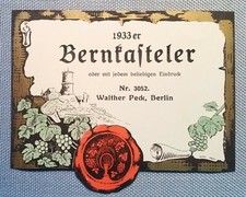 Ancien Étiquette De Vin Étiquette Binger 1933 Bernkasteler Peck Berlin