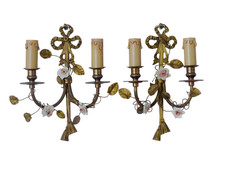 Antique Pair Wall Light Sconces Bronze Brass 1930 Porcelain Flowers Foliage