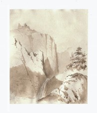 Paysage - Village perché -  Dessin original ancien au lavis