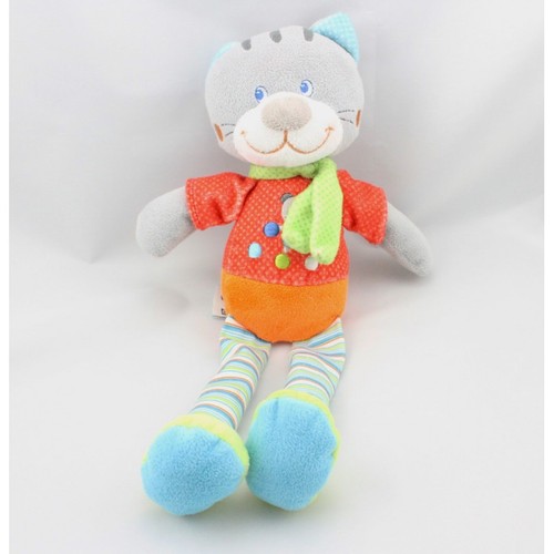Doudou chat gris rouge orange