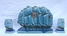 French Sailling Boat Mantle Set Clock Garniture 3Pcs Faience Sarreguemines