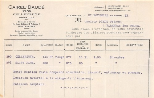 Facture 1933 vins - ,