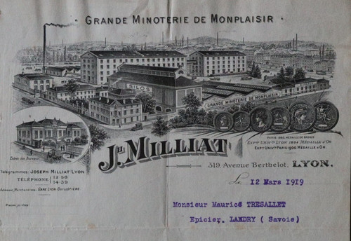 Facture 1919 lyon minoterie - lyon, de