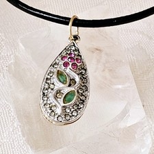 Pendentif Vermeil Émeraudes Rubis Forme Goutte Motif Floral Argent 925 12x26mm