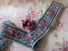 RARE ANCIEN RUBAN TISSU COTON IMPRIMÉ A L'INDIENNE XIXème GUIRLANDE ROSES 5,70 M