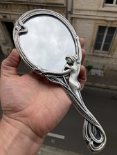 Ancien miroir face à main femme nue érotique bronze argenté design Art Nouveau