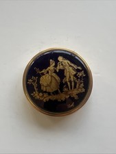 Magnifique ancien poudrier, doré et porcelaine de Limoges, Fragonard bleu et or