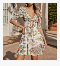 Robe fleurie bohème été Robe florale à volants - Col en V