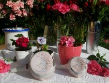 2 Antique enameled french Japy saucepans pink purple flowers 1920s no coffee pot