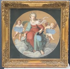 Tableau Ancien Gravure Gouachée Religieux Portrait Anges Vierge Ciel Fin XVIIIe