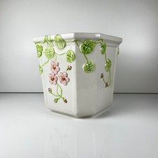 Cache Pot Céramique Relief Martan Portugal Années 60-80 Vintage Fleurs Vert Rose