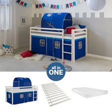 Lit superposé 90x200 Matelas d'enfant mezzanine Sommier Tunnel Bleu Homestyle4u
