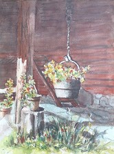 HUBERT GAUDIN Aquarelle Originale Nature morte Fleurie Pot Fleurs XXe #21