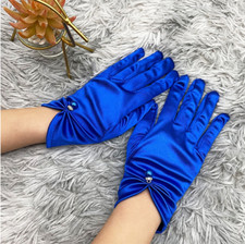 Paire gants courts 22cm bleus roi satinés perle poignet rétro pinup glamour