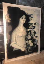 Lithographie Couleur XXe Jeune Fille Aux Fleurs Signée André Minaux 68,5x52,5 Cm