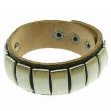 Bracelet Homme Femme Cuir Marron Plaques rectangles Acier argenté Réglable rock