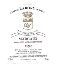 Etiquette de vin - Margaux - Château Labory de Tayac 1992 à Soussans