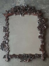 Ancien Superbe Cadre Miroir Bois Sculpté Acajou Indochine Decor Oiseaux Fleurs