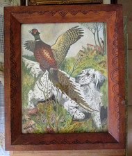 Tableau peinture originale ancienne encadrée scène de chasse faisan 60s signée