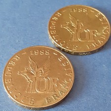 2 pièces de 10 francs commémoratives ROLAND GARROS 1988 qualité TTB+ nettoyées