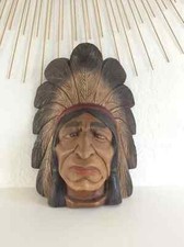 25 ⚜️ Décoration Ancien Masque Sculpté Tête Indien en Bois Vintage
