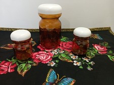 Set de 3 Bocaux Vintages en Verre Ambré et Marron/Couvercles Blancs/Rangement