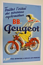 AFFICHE ancienne CYCLO PEUGEOT BB = Brigitte Bardot ? 1958 pin-up mobylette mob