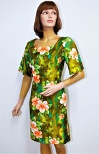 Vintage 60s UI MAIKAI Hawaiian Green Hibiscus Floral Dress size10 made in Hawaii