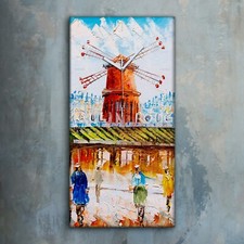 Horloge murale sur toile 30x60 tableau  moulin à vent Paris ville gens rue