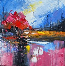 Tableau original de Sic 20X20 cm abstrait Peint au couteau " Reflets roses "