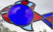 Art Populaire RARE VITRAIL ANCIEN au profil d'un POISSON Art Déco XX siècle