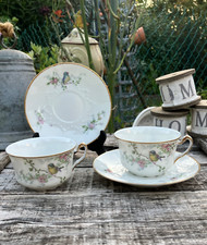 Tasses, sous tasses - Limoges S.M, porcelaine fine - Décor d'oiseau
