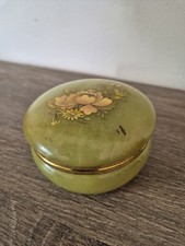 Ancienne Petite Boîte A Bijoux En Albâtre Verte Decor Floral