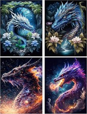 4 Pièces Dragon Peinture Diamant 5D Complet, Diamond Painting Dragon Diamant 