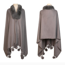 Femme Fausse Fourrure Écharpe Thermique Tricot Pompom Poncho Solide Couleur Cape