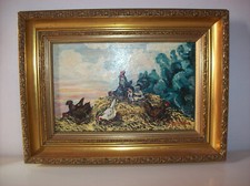 Tableau thème coq et poules -Huile sur bois signé Y.PRUD'HOMME