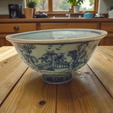 Bol ancien chinois bleu blanc Qing, décor personnages, porcelaine 19e, antique