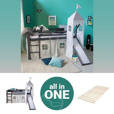 Cadre Lit superposé enfant 90x200 Gris mezzanine toboggan tour bois Homestyle4u